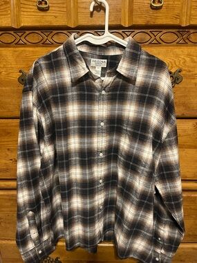 Arizona Jean Company Black, White and Brown Plaid Button-Down Shirt